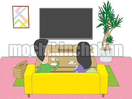 壁掛式テレビと黄色いソファの部屋