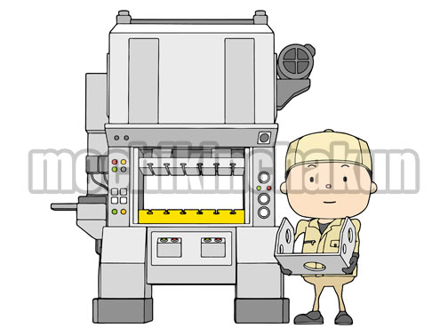 プレス機と製品を抱える作業員