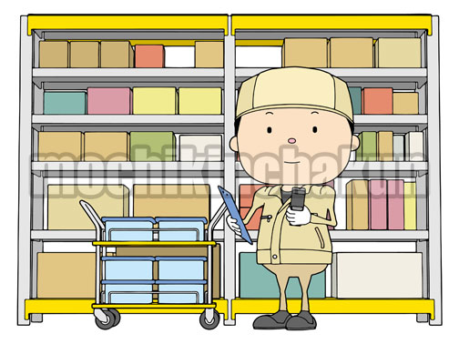 ピッキング作業員と部品ラック