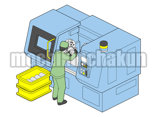 NC旋盤機と作業員A（シンプル配色）