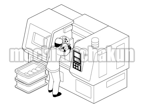 NC旋盤機と作業員A（線画）