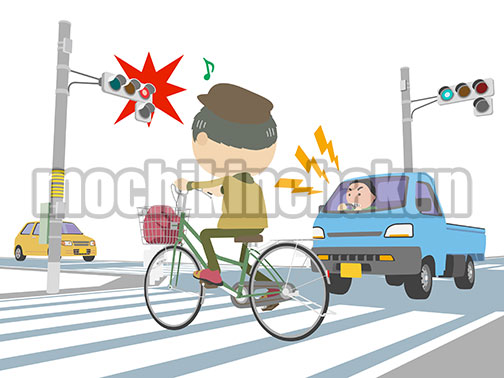 自転車で信号無視する初老の男性