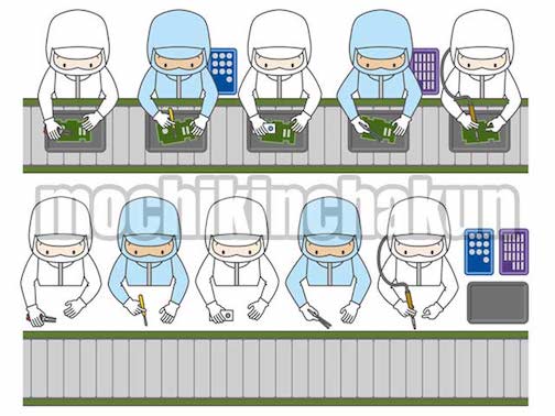 精密機器組立ライン工場で働く作業員たち