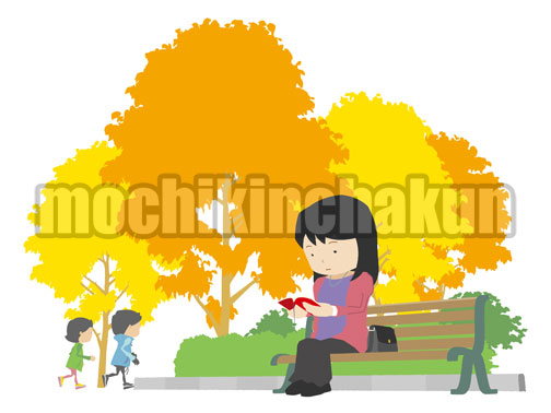 秋・公園のベンチで読書(主線なし) 